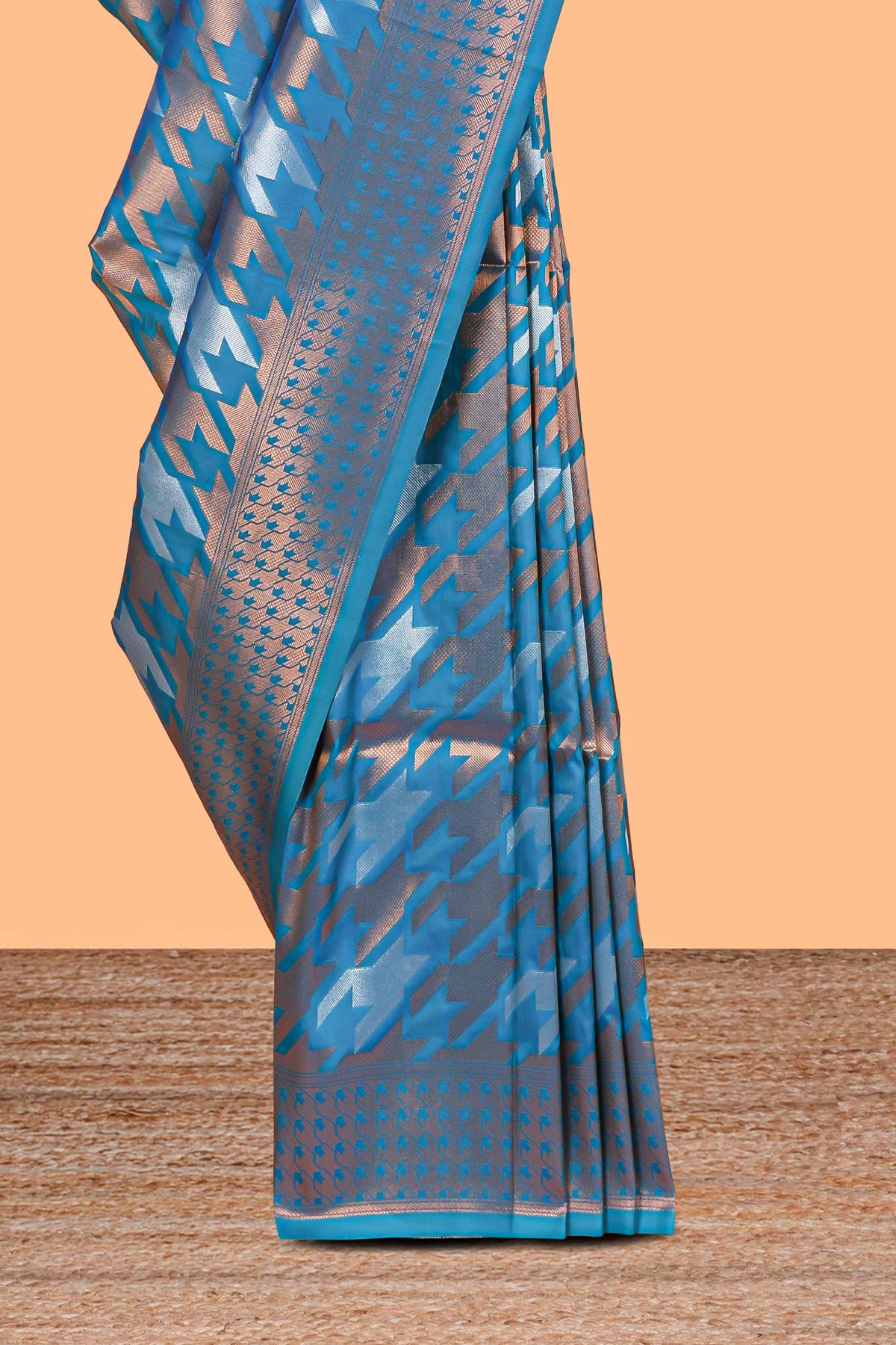 Blue Katan Silk  Saree with Rich Zari Woven Geometric border and Pallu along with Matching Blouse
