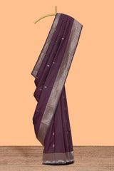 Deep purple leaf design zari motifs kathan silk saree with self zari border and motifs blouse