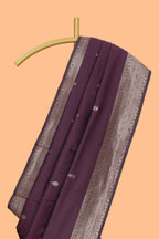 Deep purple leaf design zari motifs kathan silk saree with self zari border and motifs blouse