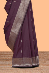 Deep purple leaf design zari motifs kathan silk saree with self zari border and motifs blouse