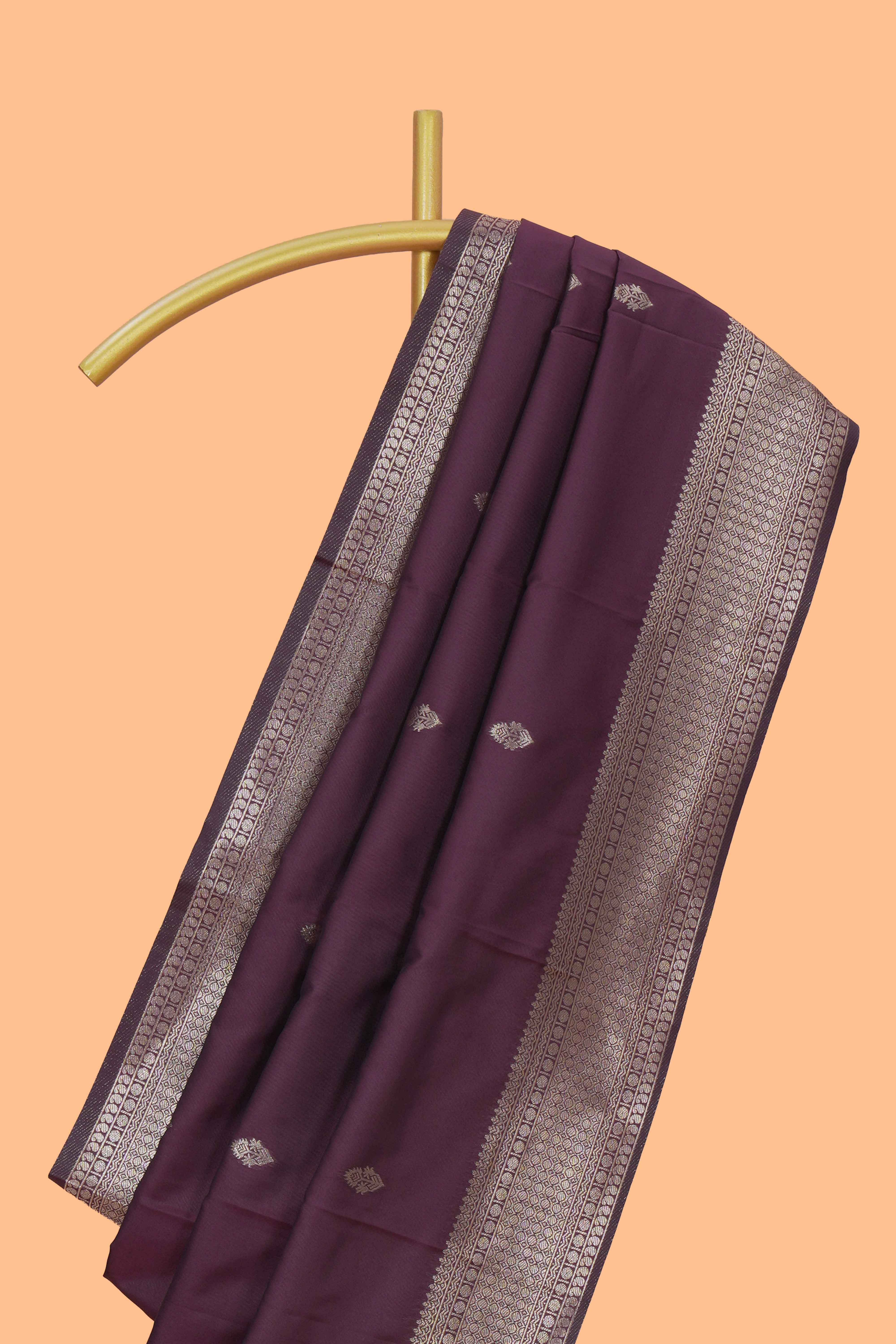 Deep purple floral design zari motifs kathan silk saree with self zari border and motifs blouse