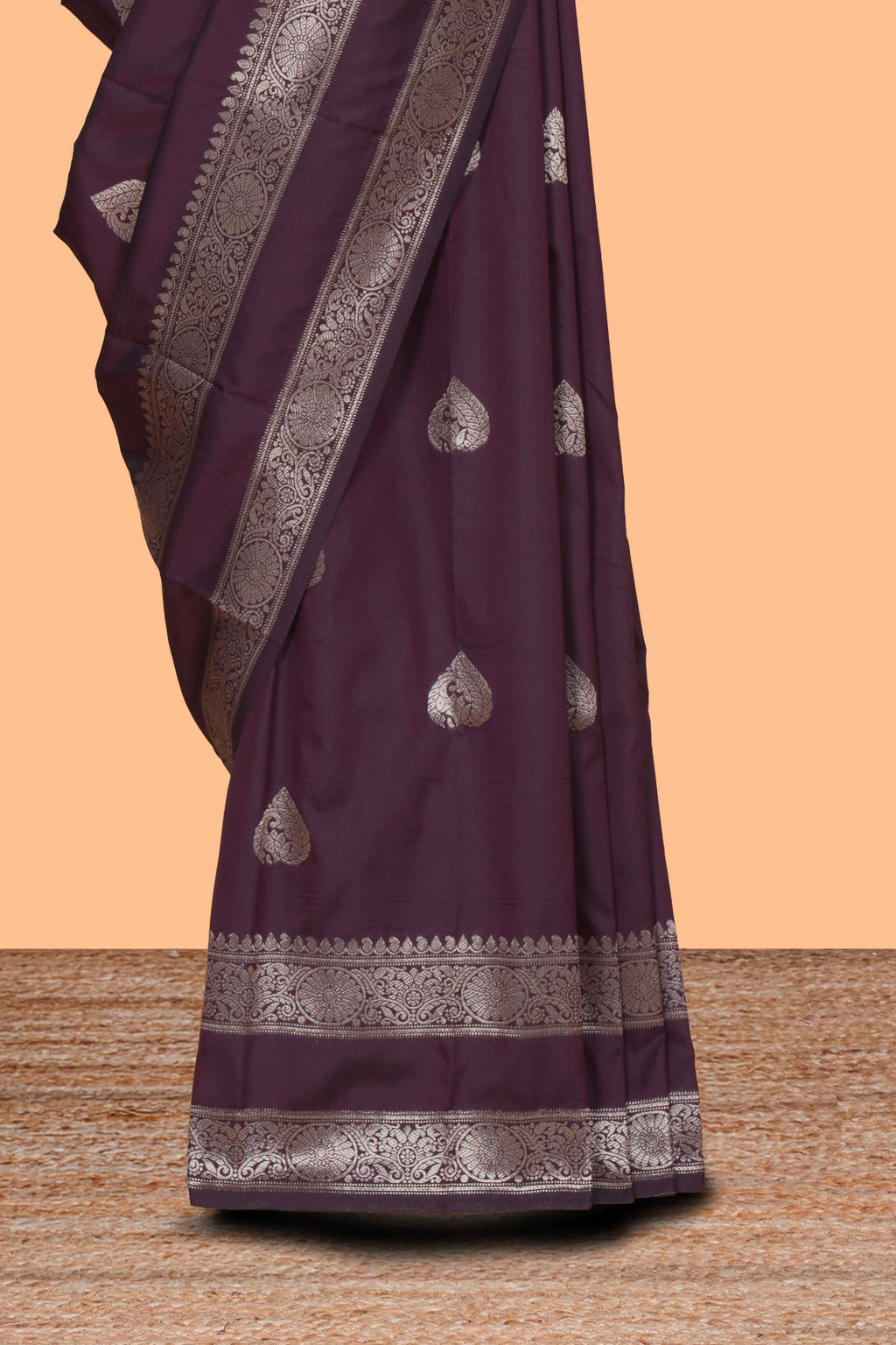 Deep purple zari butta kathan silk saree with self zari bentex border and motifs blouse