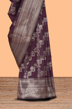 Deep purple deer, elephant & tree zari design kathan silk saree with self zari border and motifs blouse