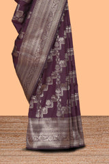 Deep purple deer, elephant & tree zari design kathan silk saree with self zari border and motifs blouse