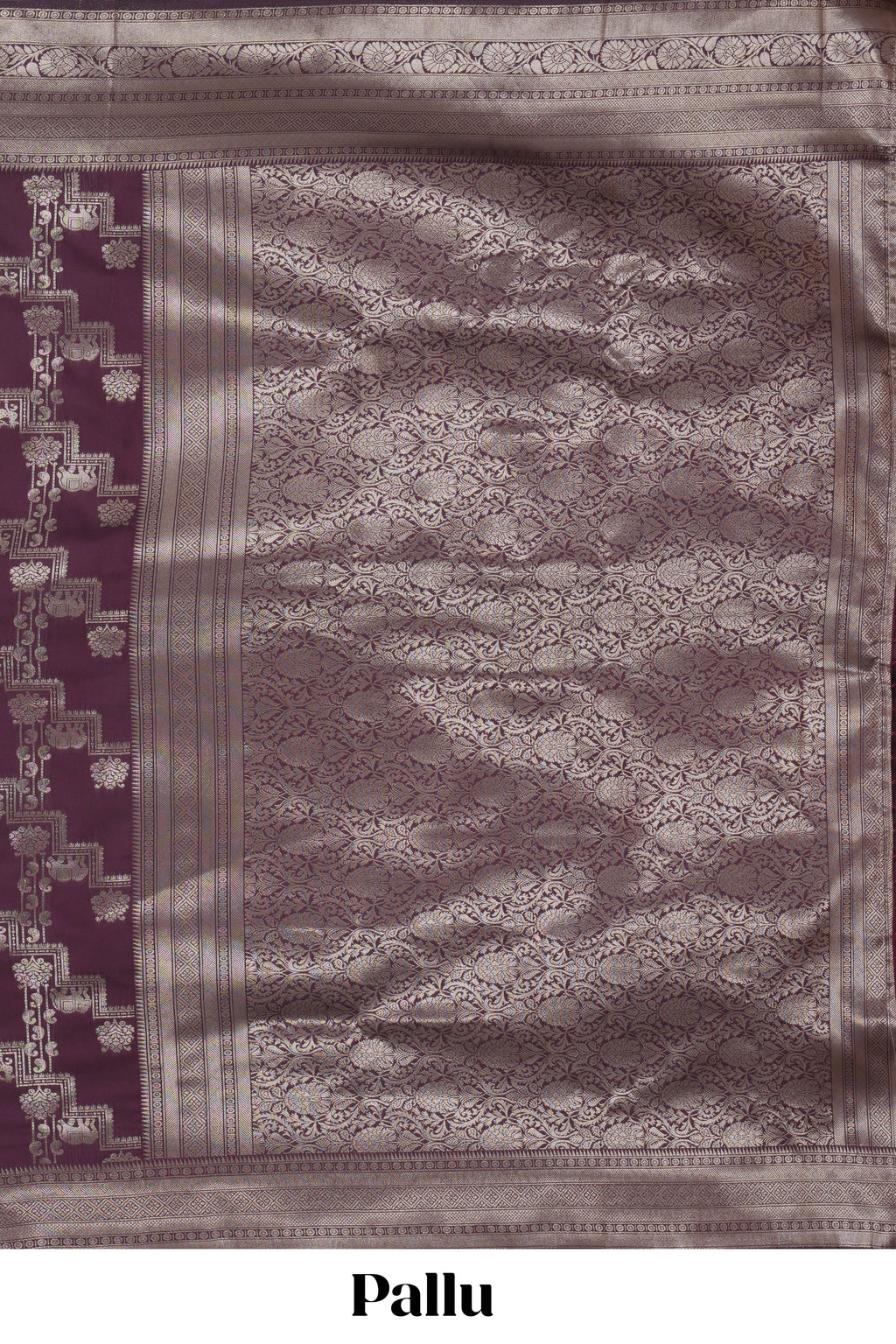Deep purple deer, elephant & tree zari design kathan silk saree with self zari border and motifs blouse