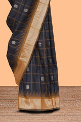 Black checked zari design kathan silk saree with contrast temple zari border and motifs blouse
