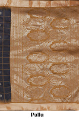 Black checked zari design kathan silk saree with contrast temple zari border and motifs blouse