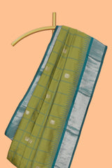 Green checked zari design kathan silk saree with contrast temple zari border and motifs blouse