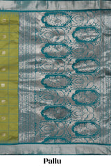 Green checked zari design kathan silk saree with contrast temple zari border and motifs blouse