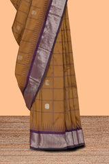 Orange checked zari design kathan silk saree with contrast temple zari border and motifs blouse