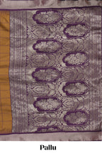 Orange checked zari design kathan silk saree with contrast temple zari border and motifs blouse