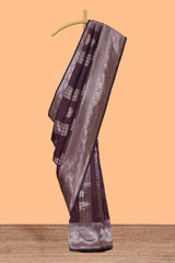 Deep brown stripes zari motifs design kathan silk saree with self zari border and motifs blouse