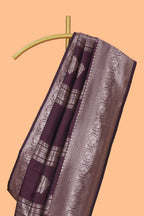 Deep brown stripes zari motifs design kathan silk saree with self zari border and motifs blouse