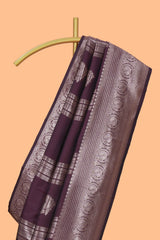 Deep brown stripes zari motifs design kathan silk saree with self zari border and motifs blouse