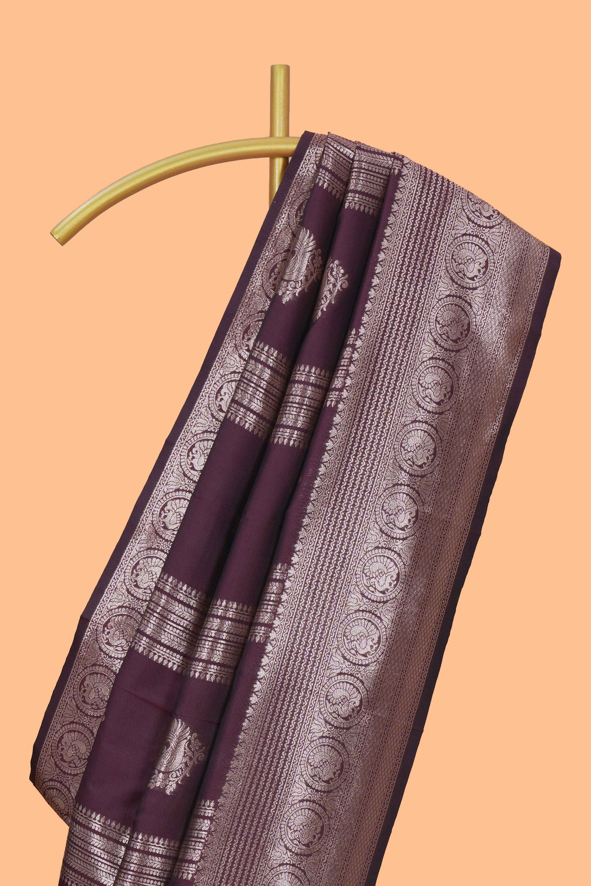 Deep brown stripes zari motifs design kathan silk saree with self zari border and motifs blouse