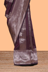 Deep brown stripes zari motifs design kathan silk saree with self zari border and motifs blouse