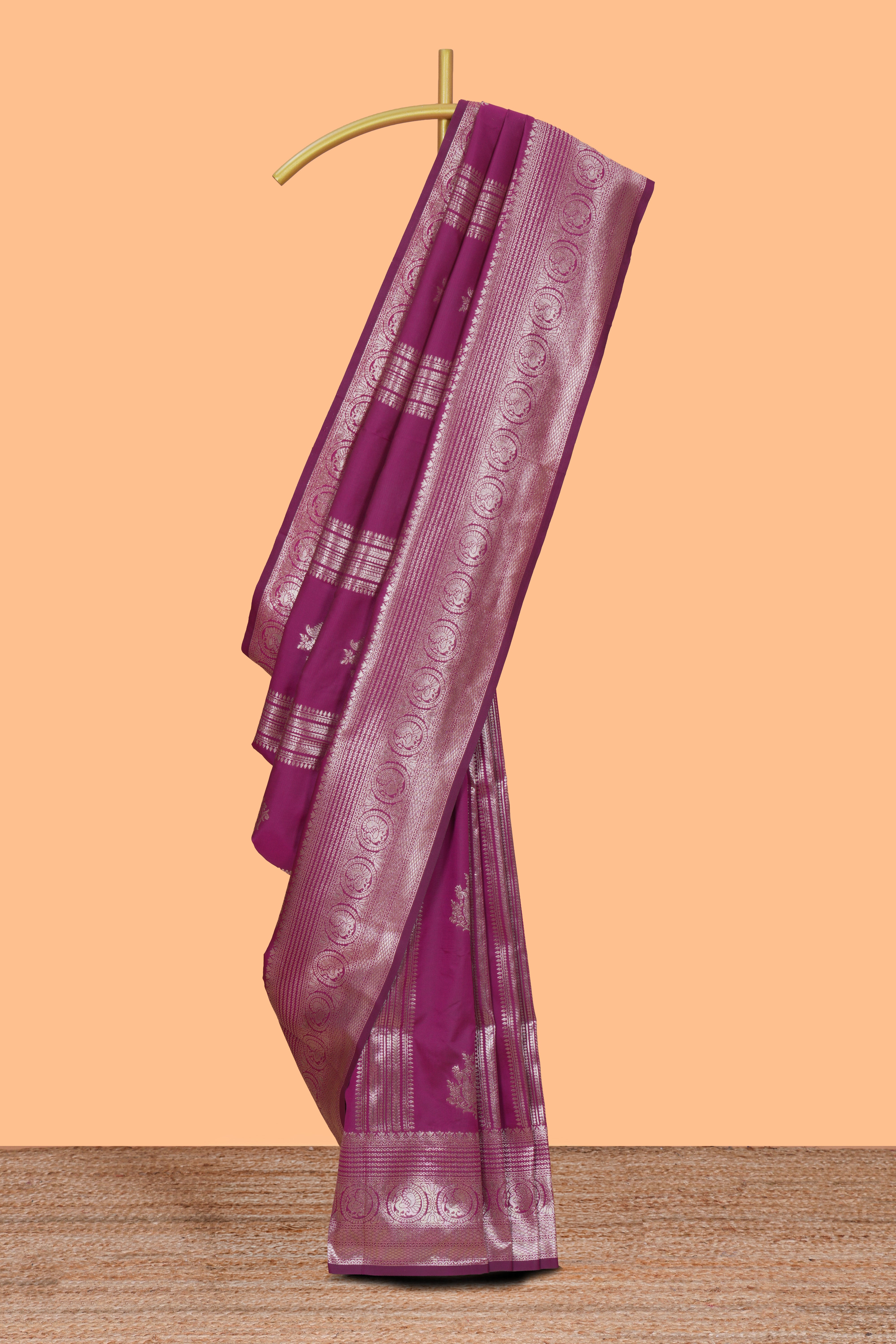 Magenta stripes zari motifs design kathan silk saree with self zari border and motifs blouse