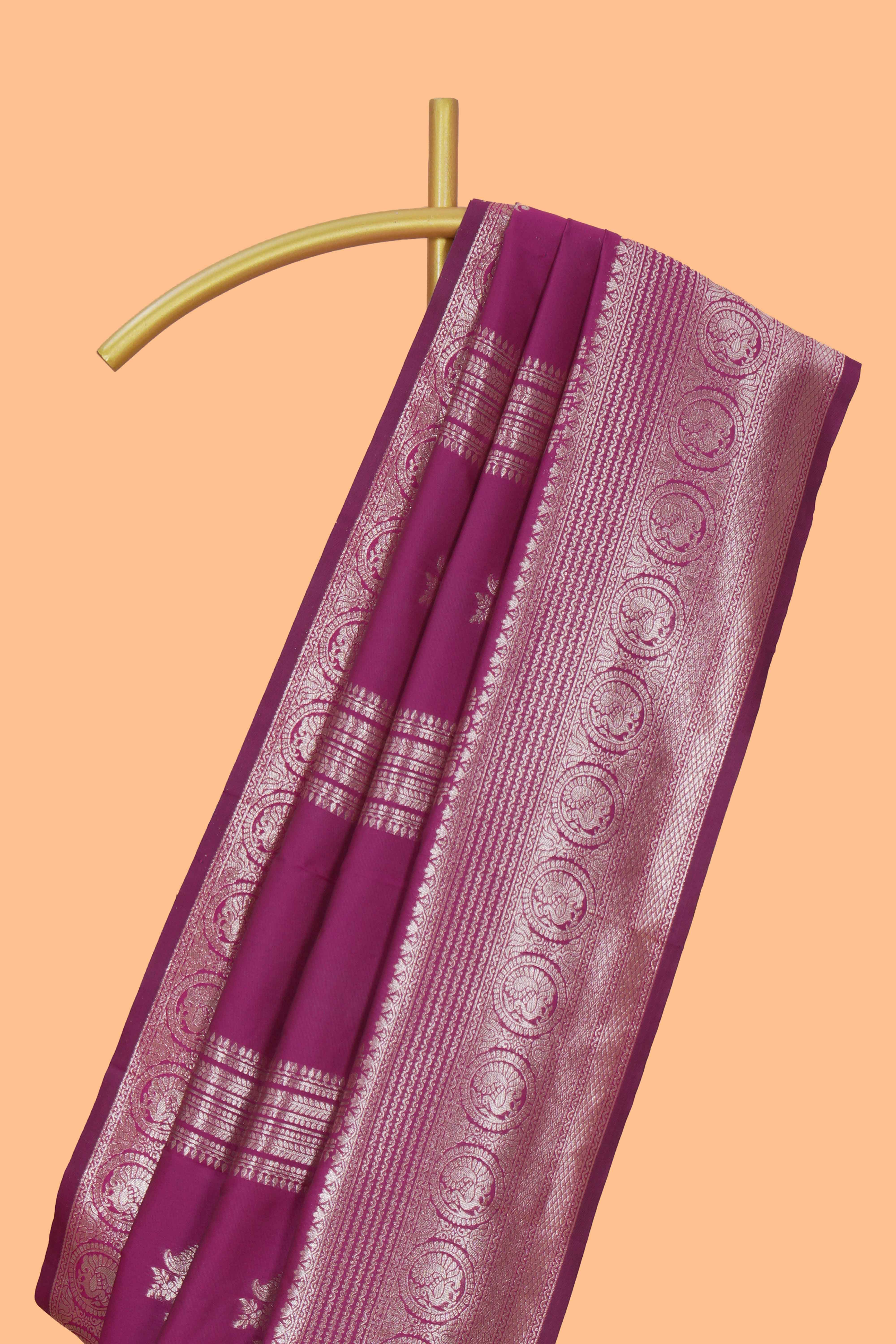 Magenta stripes zari motifs design kathan silk saree with self zari border and motifs blouse