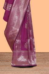 Magenta stripes zari motifs design kathan silk saree with self zari border and motifs blouse