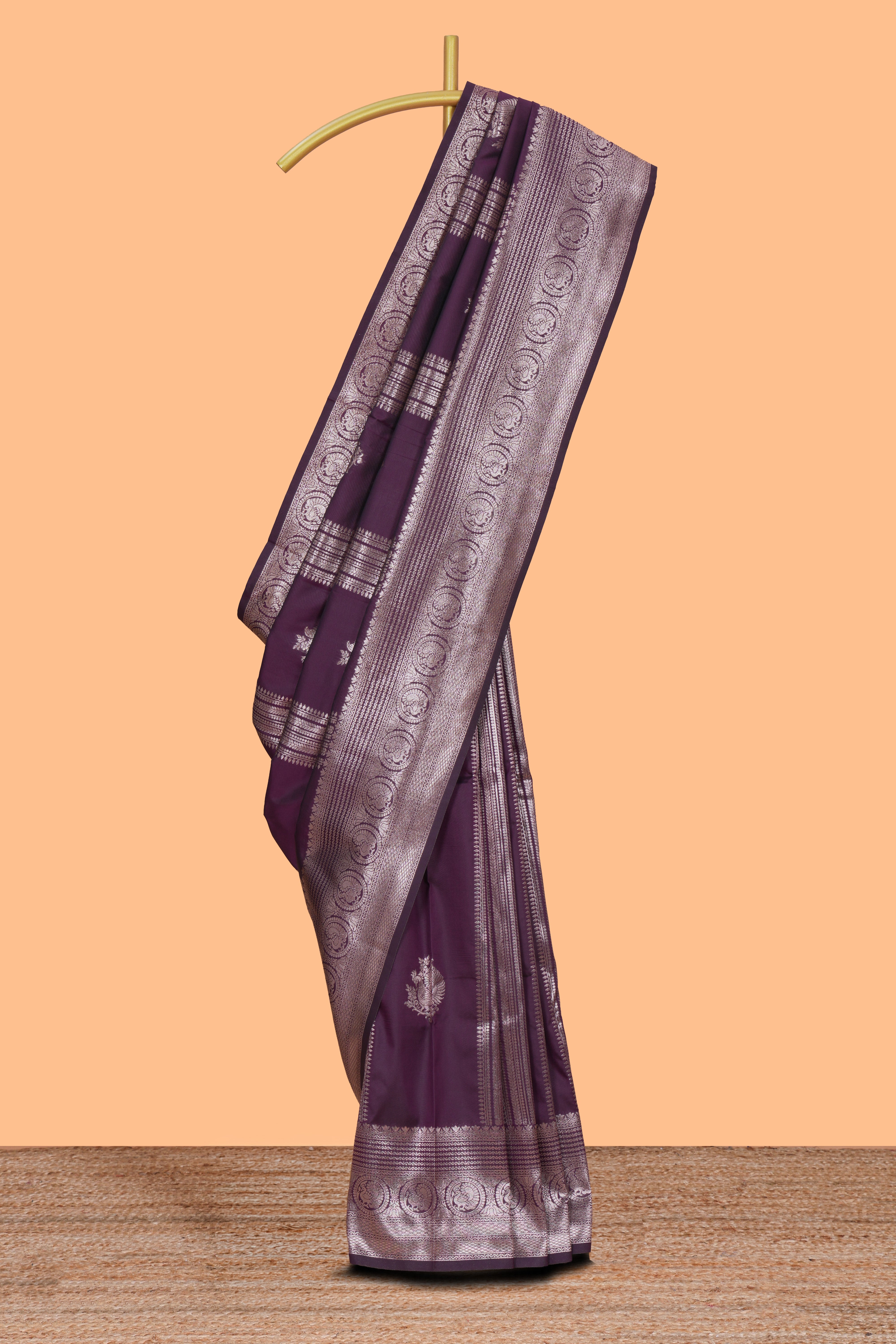 Purple stripes zari motifs design kathan silk saree with self zari border and motifs blouse