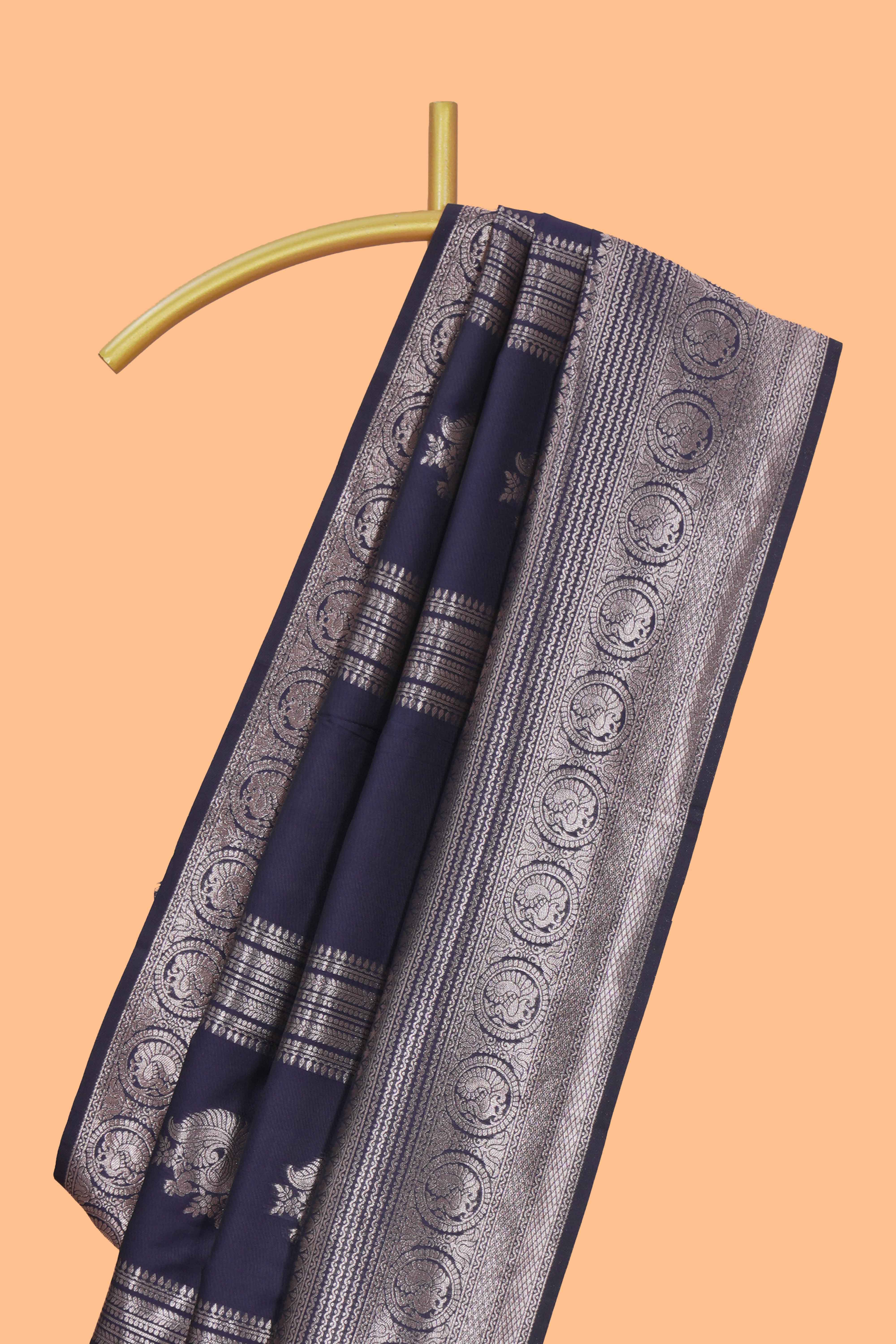 Blue stripes zari motifs design kathan silk saree with self zari border and motifs blouse
