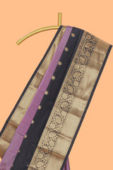 Mauve & black dual shades zari motifs Kathan Silk Saree with contrast zari border and matching zari striped blouse