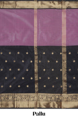 Mauve & black dual shades zari motifs Kathan Silk Saree with contrast zari border and matching zari striped blouse