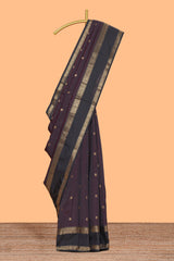 Brown zari motifs Kathan Silk Saree with contrast zari border and matching zari blouse