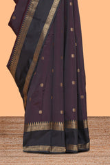 Brown zari motifs Kathan Silk Saree with contrast zari border and matching zari blouse