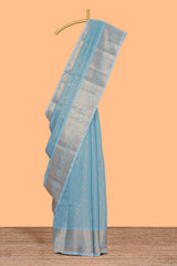 Blue zari motifs Kathan Silk Saree with self zari border and matching zari blouse