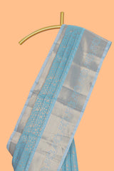 Blue zari motifs Kathan Silk Saree with self zari border and matching zari blouse