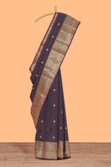 Brown zari motifs Kathan Silk Saree with self zari border and matching zari striped blouse
