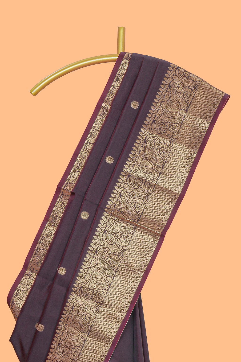 Brown zari motifs Kathan Silk Saree with self zari border and matching zari striped blouse