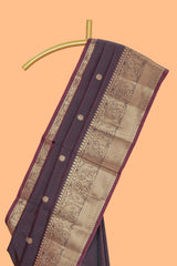 Brown zari motifs Kathan Silk Saree with self zari border and matching zari striped blouse