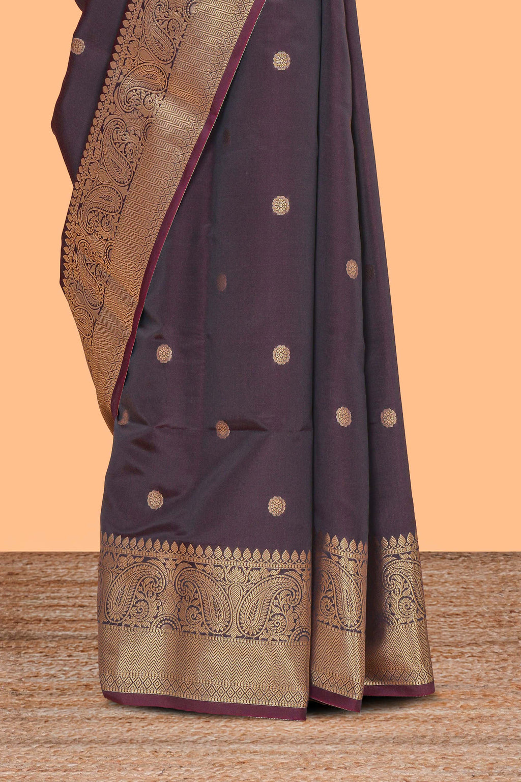 Brown zari motifs Kathan Silk Saree with self zari border and matching zari striped blouse
