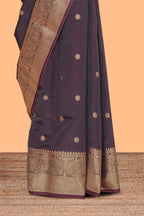 Brown zari motifs Kathan Silk Saree with self zari border and matching zari striped blouse