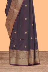 Brown zari motifs Kathan Silk Saree with self zari border and matching zari striped blouse