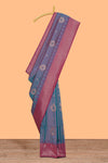 Dual tone teal blue and magenta kathan silk saree with contrast zari borders and motifs blouse