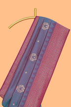 Dual tone teal blue and magenta kathan silk saree with contrast zari borders and motifs blouse