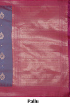 Dual tone teal blue and magenta kathan silk saree with contrast zari borders and motifs blouse