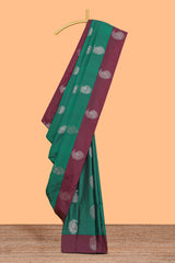 Green zari motifs design kathan silk saree with contrast zari borders and motifs blouse