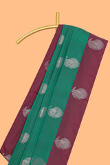 Green zari motifs design kathan silk saree with contrast zari borders and motifs blouse