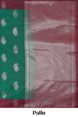 Green zari motifs design kathan silk saree with contrast zari borders and motifs blouse
