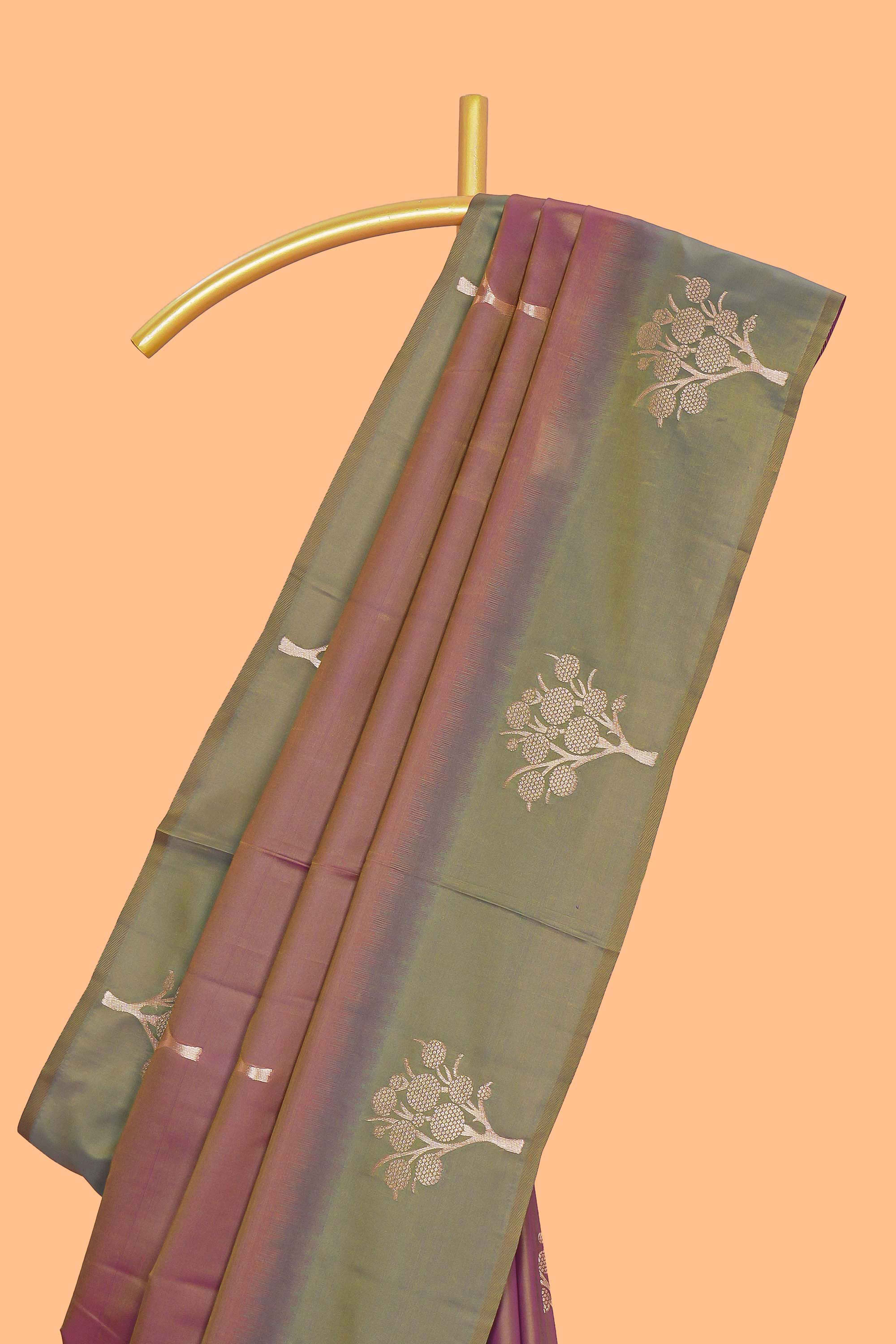 Deep ruby purple floral design kathan silk saree with contrast zari borders and motifs blouse