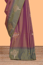Deep ruby purple floral design kathan silk saree with contrast zari borders and motifs blouse