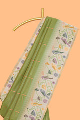 Green zari striped motifs design kathan silk saree with contrast floral vines & birds design borders and pallu
