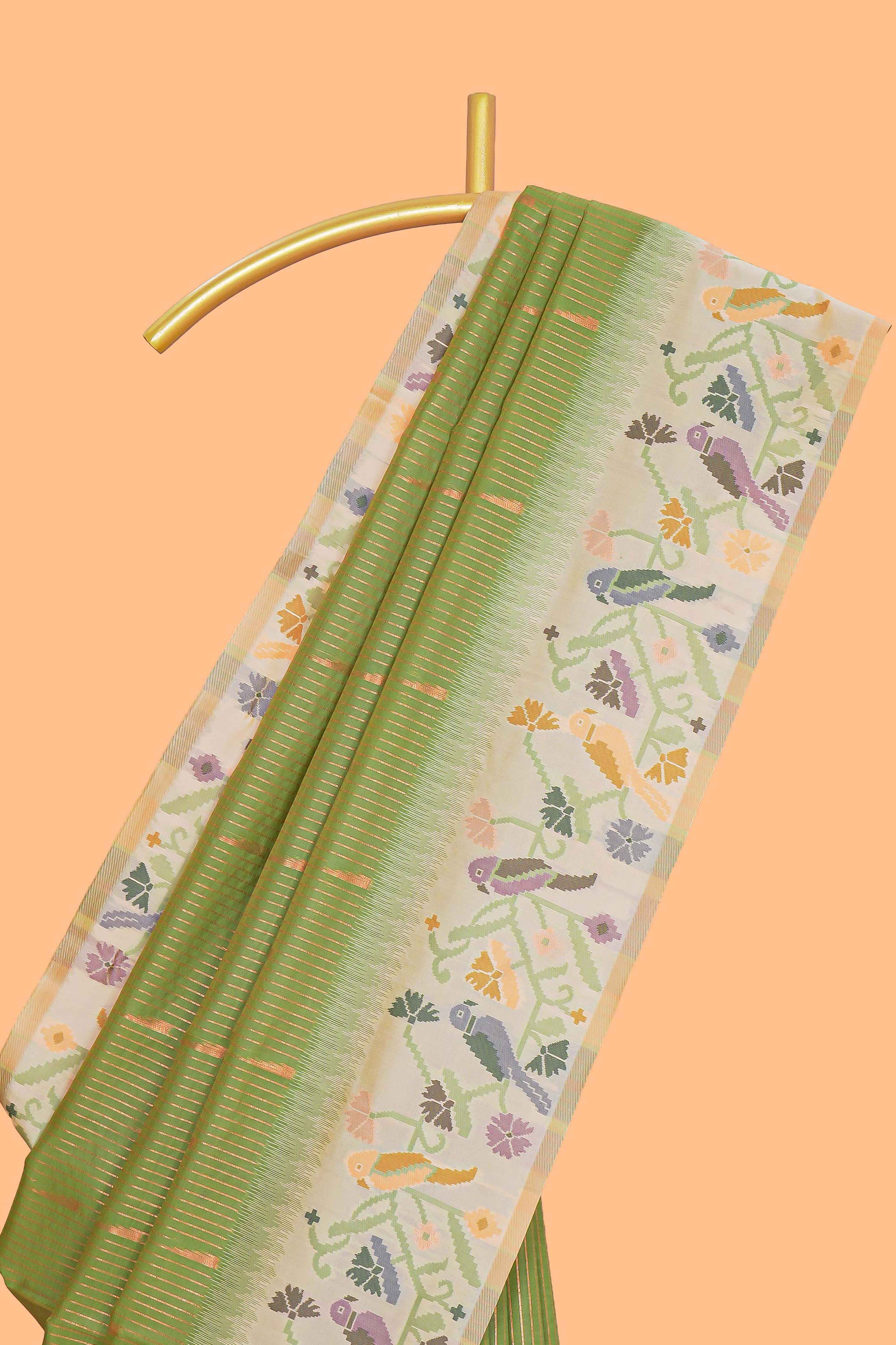 Green zari striped motifs design kathan silk saree with contrast floral vines & birds design borders and pallu