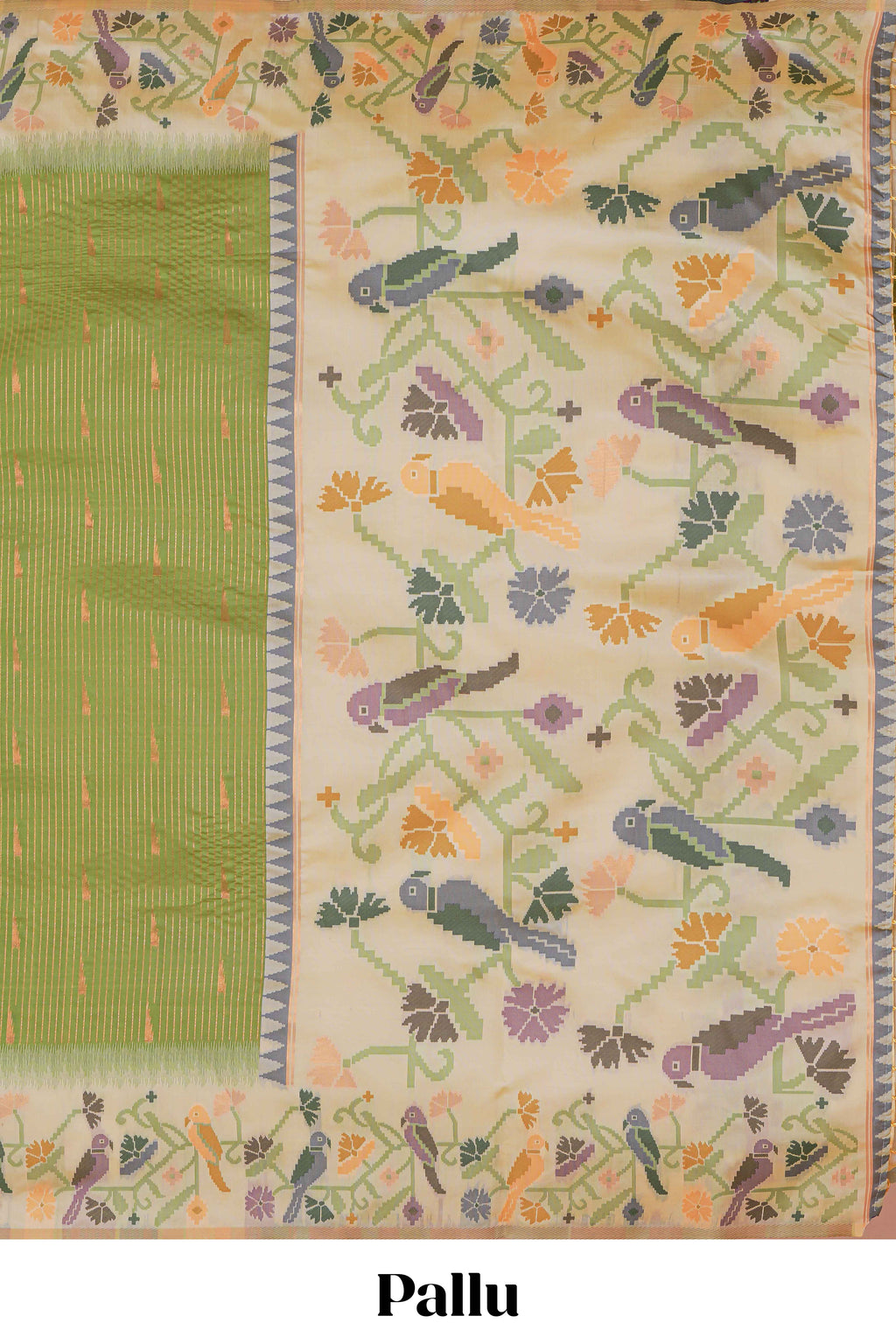 Green zari striped motifs design kathan silk saree with contrast floral vines & birds design borders and pallu