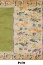 Green zari striped motifs design kathan silk saree with contrast floral vines & birds design borders and pallu