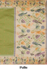 Green zari striped motifs design kathan silk saree with contrast floral vines & birds design borders and pallu